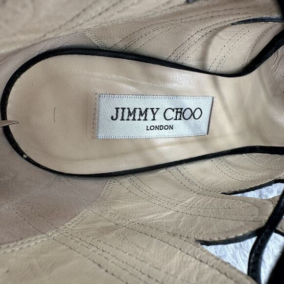 Jimmy Choo Heel Womens 8.5 Black Leather Lace up Peep Toe Snake Skin Gladiator - Picture 8 of 10